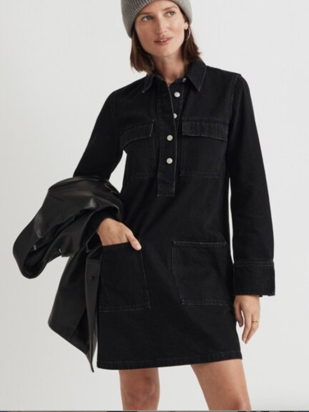 MADEWELL Denim Popover Mini Shirtdress Washed Black XL